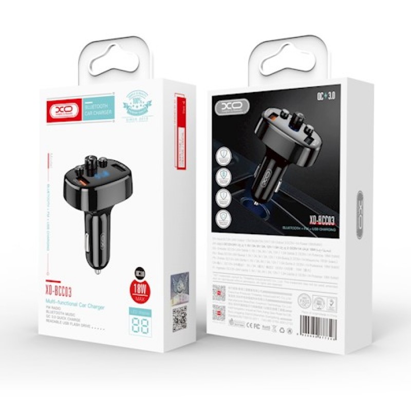 XO Transmiter FM BCC03 Bluetooth MP3 car charger 18W Μαύρο