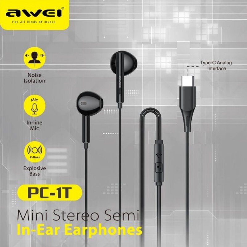 Awei PC-1T Handsfree Ακουστικά με Βύσμα Type C Μαύρο