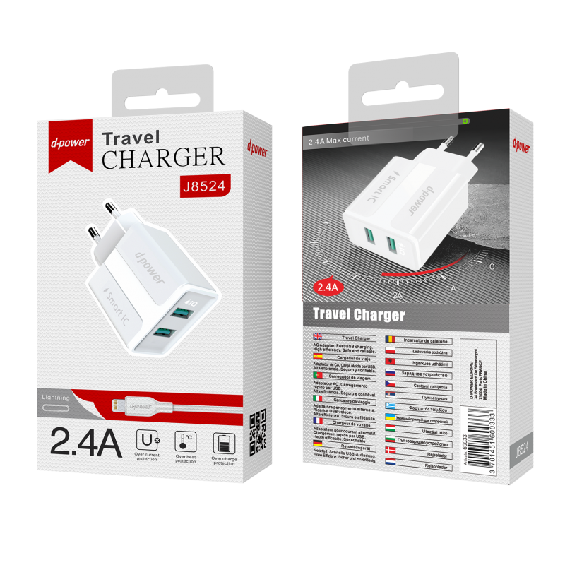 D-Power J8524  Φορτιστής Ταξιδιού Αντάπτορας 2 USB Με καλώδιο Lightning   2.4Α  Άσπρος