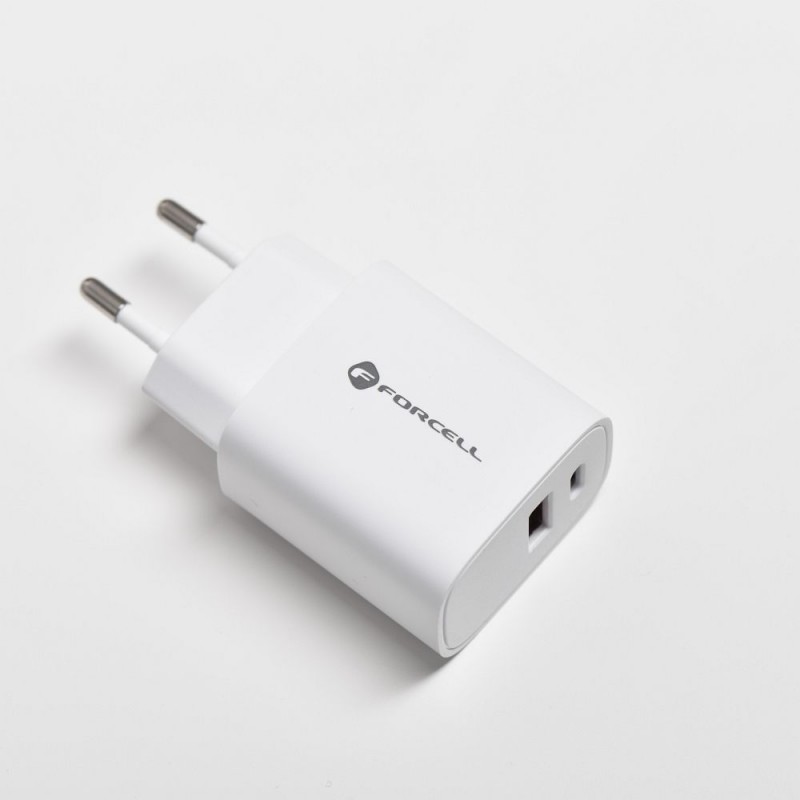 Forcell Φορτιστής Ταξιδίου Με Type C και USB Υποδοχή 3A 30W Ταχείας Φόρτισης  4.0 Λευκό