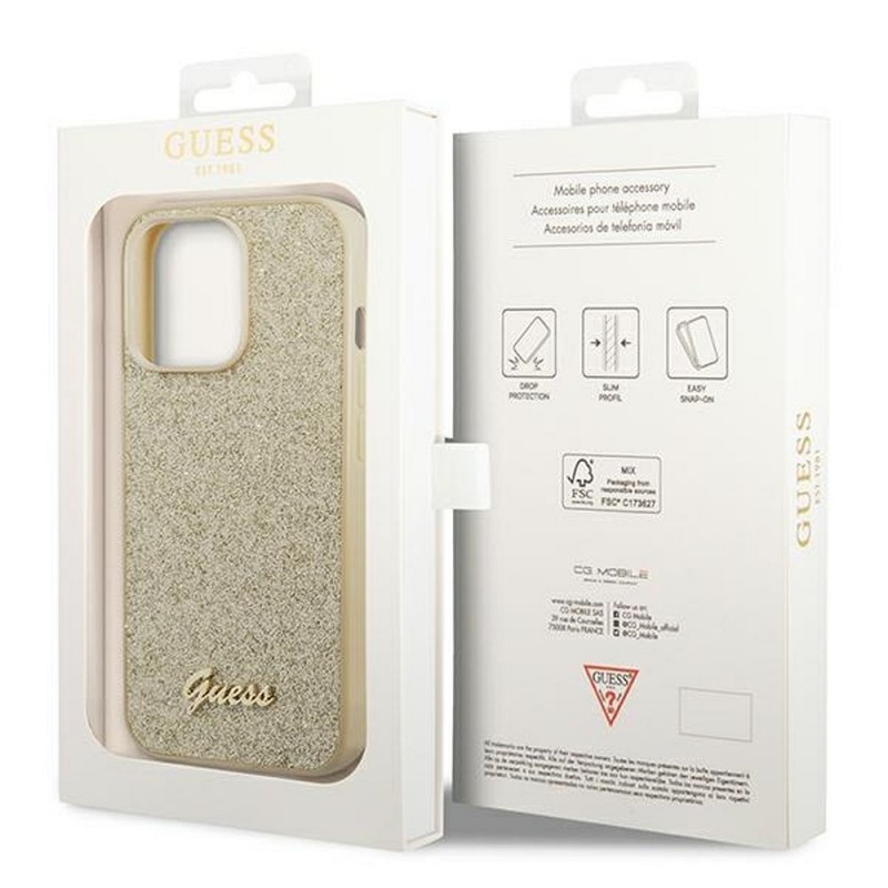 Original faceplate case GUESS GUHCP14XHGGSHD for Apple iPhone 14 Pro 6.1" Glitter Flakes Script Metal Logo Χρυσό