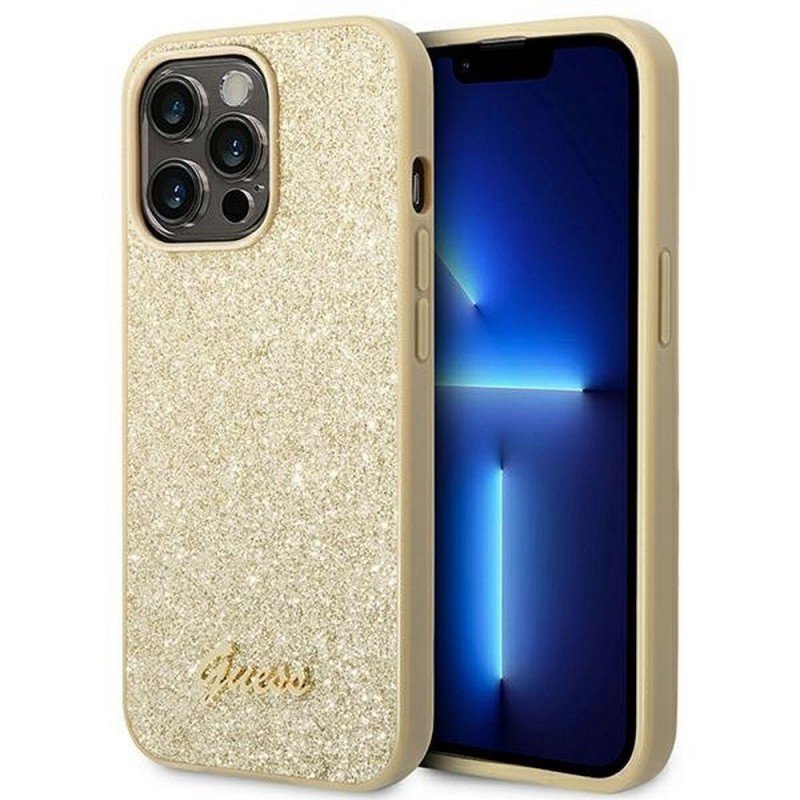 Original faceplate case GUESS GUHCP14XHGGSHD for Apple iPhone 14 Pro 6.1" Glitter Flakes Script Metal Logo Χρυσό