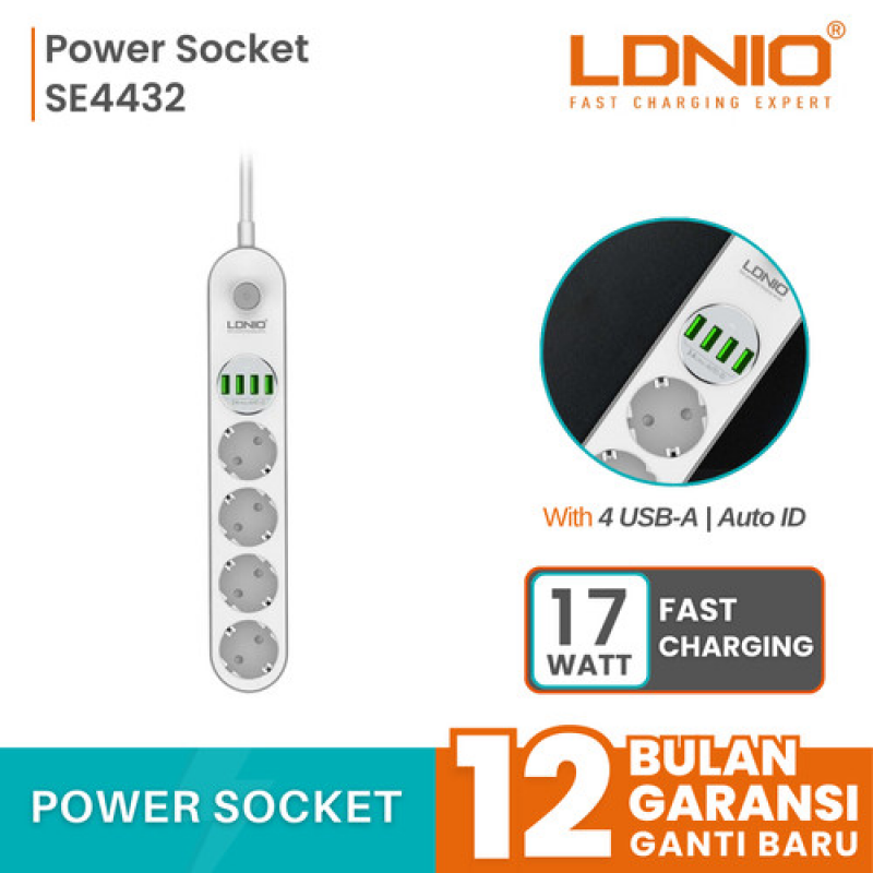 LDNIO Πολύμπριζο  SE4432 Με 4 USB Θήρες 3,4A, 4x230V 10A 2500W 2 m Άσπρο