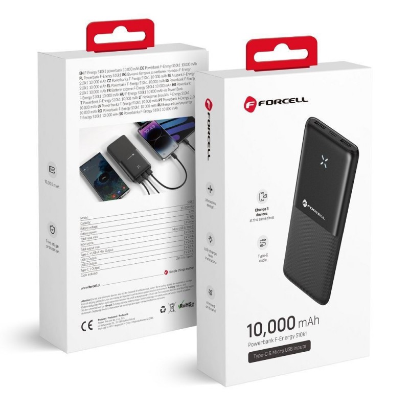 Forcell F-Energy S10k1 Power Bank 10000mAh με 2 Θύρες USB-A και Θύρα USB-C Μαύρο