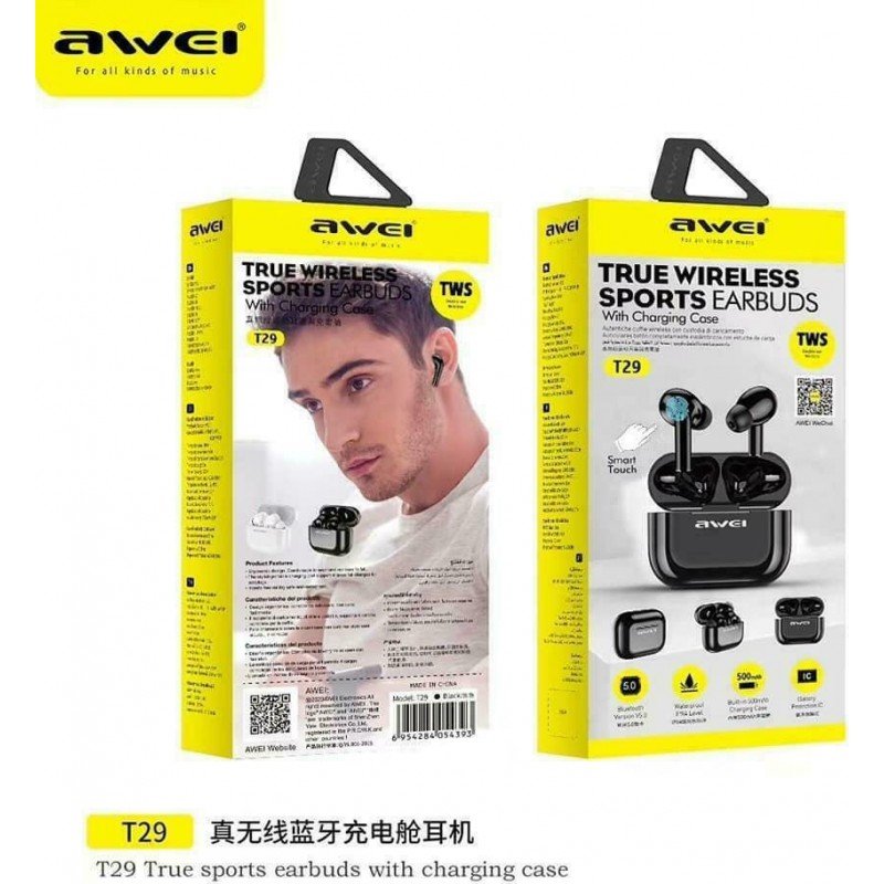 Awei T29 In-ear Bluetooth Handsfree Ακουστικά με Αντοχή στον Ιδρώτα και Θήκη Φόρτισης Μαύρο