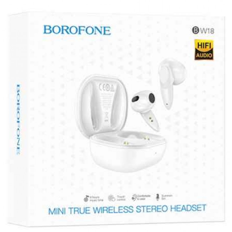 Borofone W18 Mini Luxury Earbud Bluetooth Handsfree Ακουστικά με Θήκη Φόρτισης Άσπρο