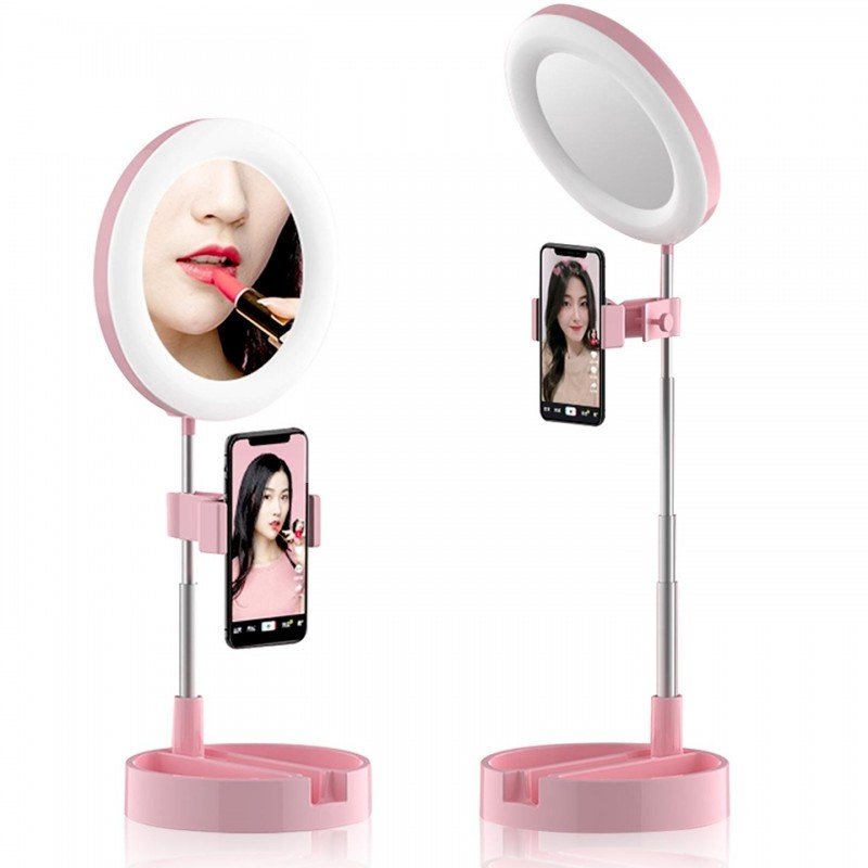 Αναδιπλούμενη βάση κινητού με  ρυθμιζόμενο LED - Καθρέπτη Mai Appearance G3 Ροζ