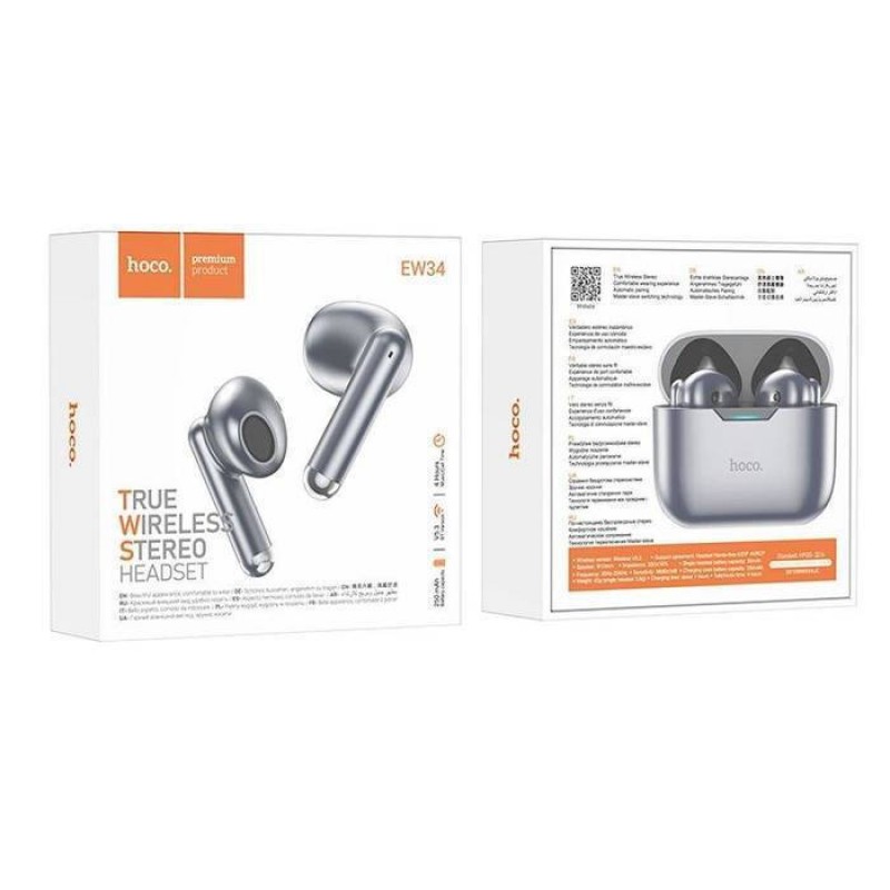 Hoco EW34 Earbud Bluetooth Handsfree Ακουστικά Με Θήκη Φόρτισης Γκρι