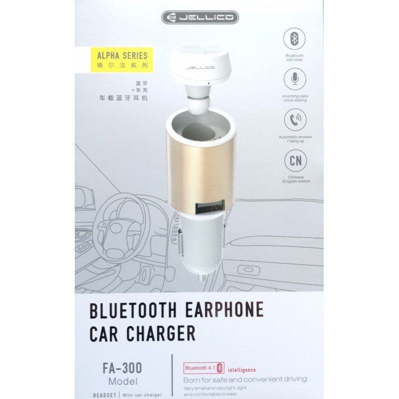 JELLICO Handsfree Bluetooth Ακουστικό Ψείρα & USB Ταχύ-Φορτιστής 2.4A Αυτοκινήτου FA-300 ΑΣΠΡΟ-ΧΡΥΣΟ 