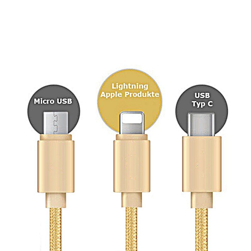 Oem Καλώδιο γρήγορης Φόρτισης  3 σε 1 USB με υποδοχή Lightning, Micro Usb και Usb Type-C 1,2 m ασημί 