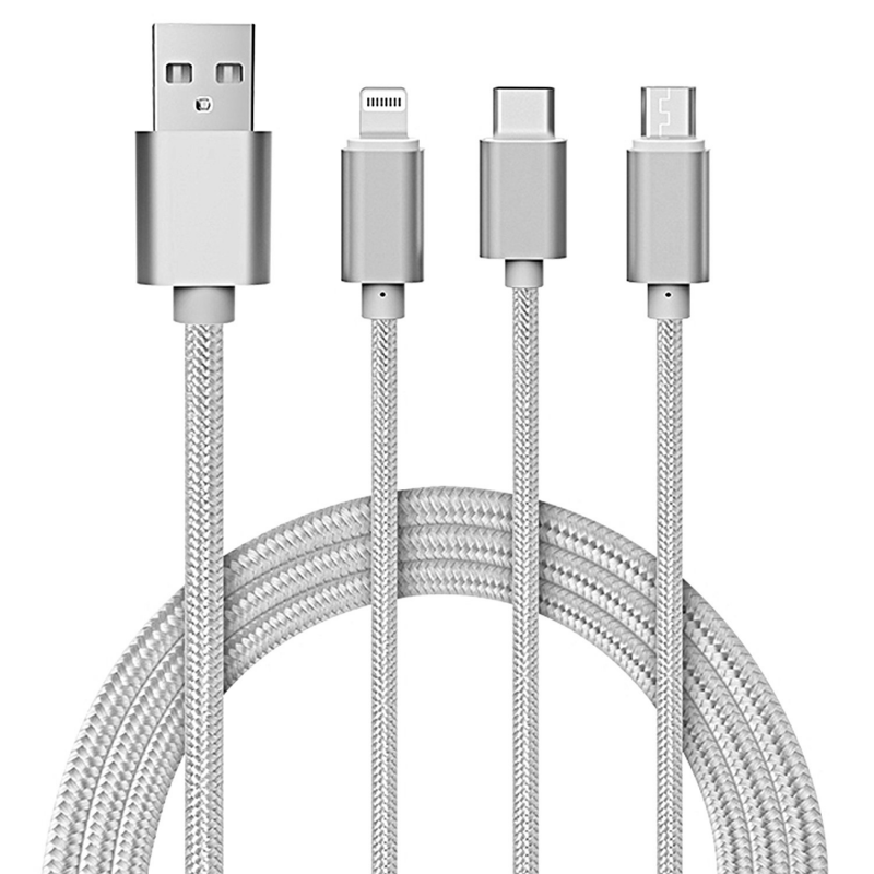 Oem Καλώδιο γρήγορης Φόρτισης  3 σε 1 USB με υποδοχή Lightning, Micro Usb και Usb Type-C 1,2 m ασημί 