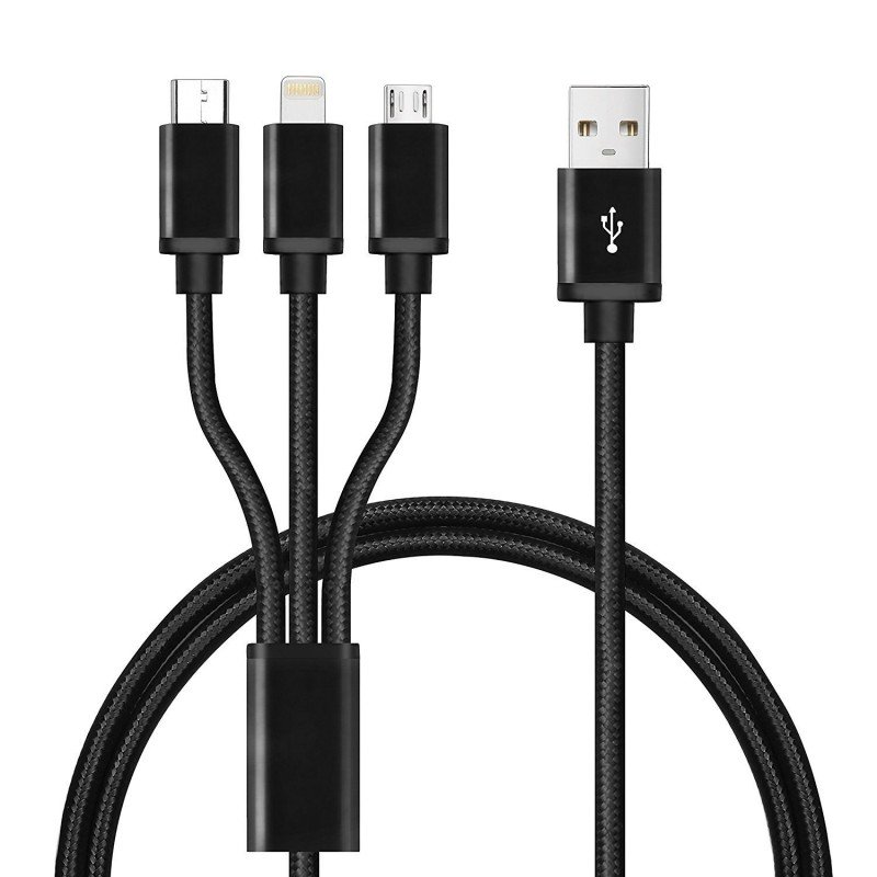 Oem Καλώδιο γρήγορης Φόρτισης 3 σε 1 USB με υποδοχή Lightning, Micro Usb και Usb Type-C 1,2 m μαύρο 