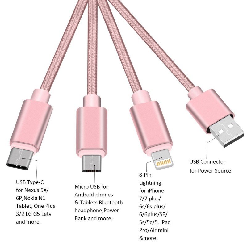 OEM Καλώδιο γρήγορης Φόρτισης 3 σε 1 USB με υποδοχή Lightning, Micro Usb και Usb Type-C 1,2 m ροζ