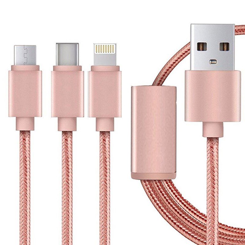 OEM Καλώδιο γρήγορης Φόρτισης 3 σε 1 USB με υποδοχή Lightning, Micro Usb και Usb Type-C 1,2 m ροζ