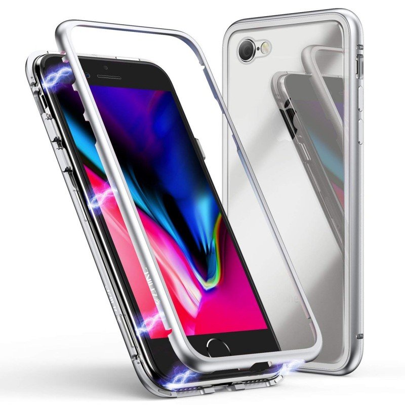 oem Μαγνητική Μεταλλική Θήκη Detachable Metal Frame με Πίσω Όψη από Tempered Glass για Apple iPhone 7/8 Ασημί Διάφανη