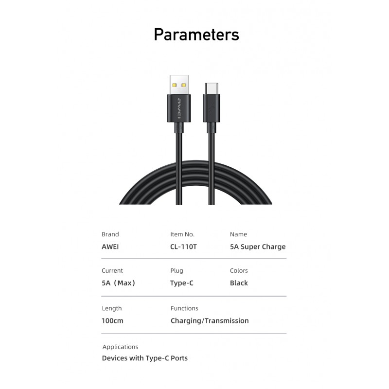 AWEI CL - 110T Καλώδιο Super Fast 5A USB Type C 1.0 m Μαύρο