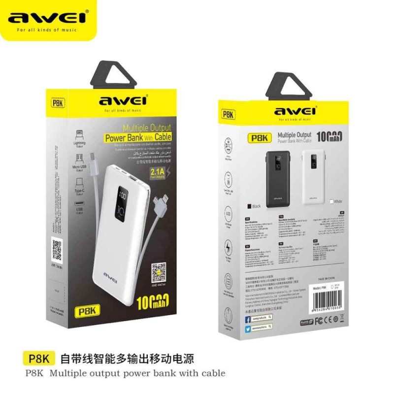 Awei P8K  Adaptive Charge Power Bank 10000 mAh - Μαύρο