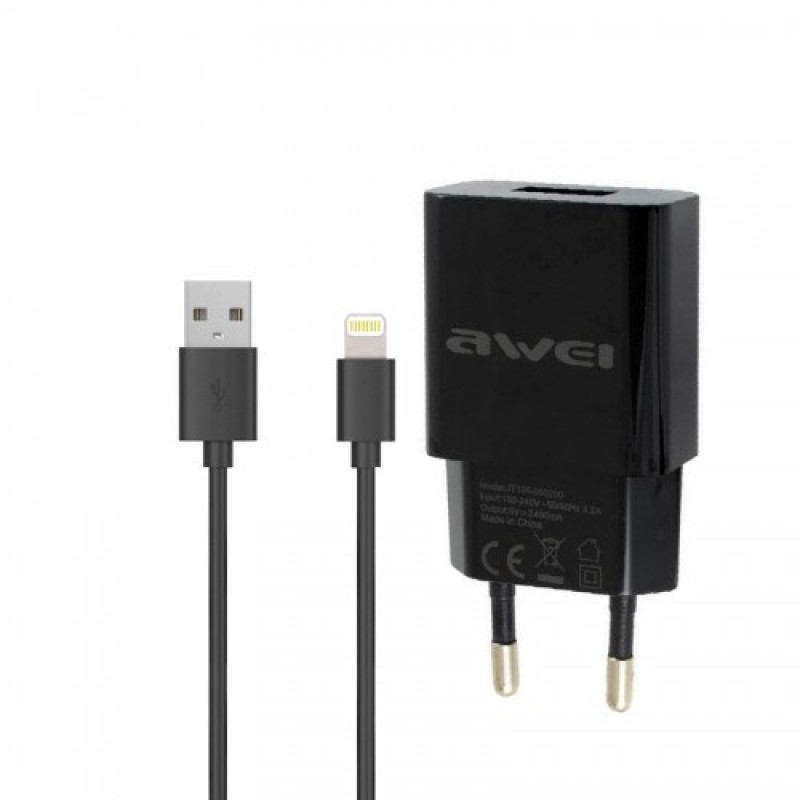 Σετ Φορτιστή Καλώδιο Φόρτισης AWEI C-13L Lightning 2.1A 1.2m Micro USB Μαύρο  